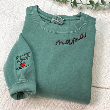 Comfort Colors® Custom Mama Embroidered Sweatshirt With Names On The Sleeve, Mom Crewneck, Gigi Crew Shirt, Custom Neckline Shirt